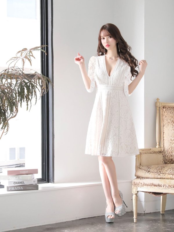 画像14: 【XS-Lサイズあり】【SETTAN/セッタン】総レース/ 袖あり/ 七分袖/ Vネック/ Aライン/ ミディアム丈/ ワンピース/ ミニドレス/ キャバドレス[OF2]