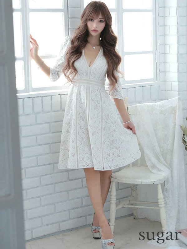 画像7: 門りょうちゃん着用【XS-Lサイズあり】【SETTAN/セッタン】総レース/ 袖あり/ 七分袖/ Vネック/ Aライン/ ミディアム丈/ ワンピース/ ミニドレス/ キャバドレス[OF2]