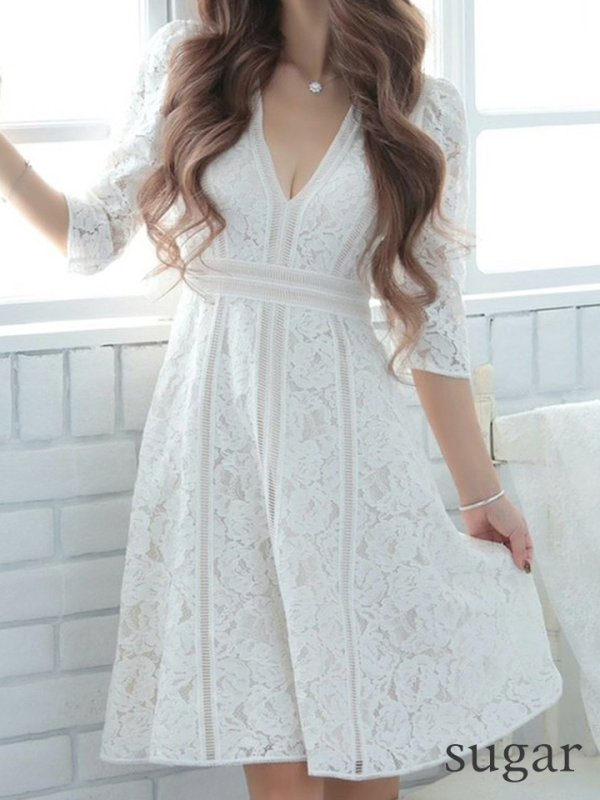 画像8: 門りょうちゃん着用【XS-Lサイズあり】【SETTAN/セッタン】総レース/ 袖あり/ 七分袖/ Vネック/ Aライン/ ミディアム丈/ ワンピース/ ミニドレス/ キャバドレス[OF2]