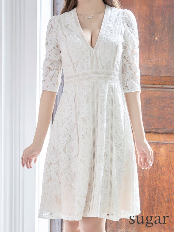 画像8: 【XS-Lサイズあり】【SETTAN/セッタン】総レース/ 袖あり/ 七分袖/ Vネック/ Aライン/ ミディアム丈/ ワンピース/ ミニドレス/ キャバドレス[OF2]