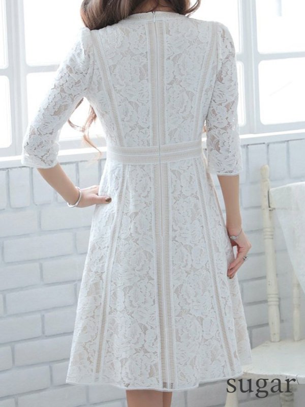 画像9: 門りょうちゃん着用【XS-Lサイズあり】【SETTAN/セッタン】総レース/ 袖あり/ 七分袖/ Vネック/ Aライン/ ミディアム丈/ ワンピース/ ミニドレス/ キャバドレス[OF2]