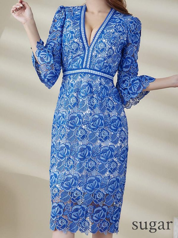 画像8: XS-Lサイズあり【SETTAN/セッタン】フラワーレース/ ベルスリーブ/ 七分袖/ 長袖/ Vネック/ ミディアム丈/ ワンピース/ タイト/ キャバドレス[OF2]