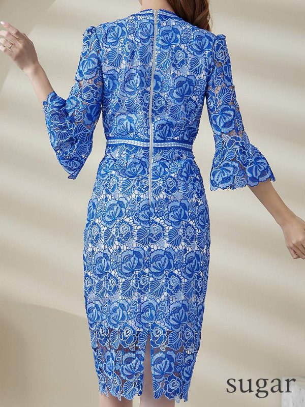 画像9: XS-Lサイズあり【SETTAN/セッタン】フラワーレース/ ベルスリーブ/ 七分袖/ 長袖/ Vネック/ ミディアム丈/ ワンピース/ タイト/ キャバドレス[OF2]
