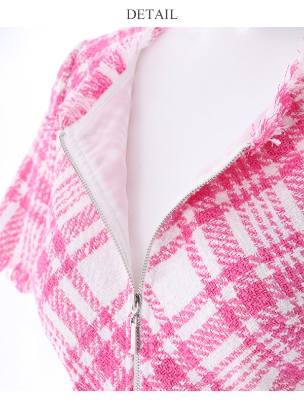 画像18: XS-Lサイズあり【SETTAN/セッタン】ツイード/ 半袖/ 袖あり/ フロントジップ/ ワンピース/ ミディアム/ミニドレス/ キャバドレス[OF2]