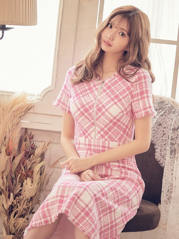 画像3: XS-Lサイズあり【SETTAN/セッタン】ツイード/ 半袖/ 袖あり/ フロントジップ/ ワンピース/ ミディアム/ミニドレス/ キャバドレス[OF2]