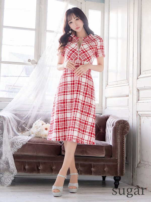 画像9: XS-Lサイズあり【SETTAN/セッタン】ツイード/ 半袖/ 袖あり/ フロントジップ/ ワンピース/ ミディアム/ミニドレス/ キャバドレス[OF2]