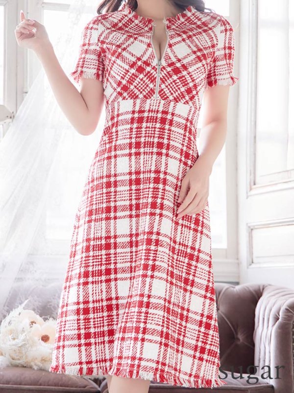 画像10: XS-Lサイズあり【SETTAN/セッタン】ツイード/ 半袖/ 袖あり/ フロントジップ/ ワンピース/ ミディアム/ミニドレス/ キャバドレス[OF2]