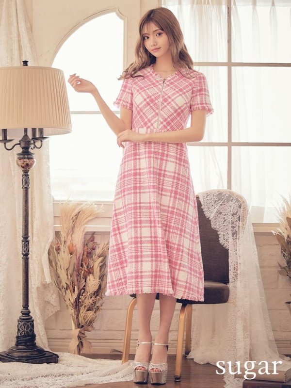 画像7: XS-Lサイズあり【SETTAN/セッタン】ツイード/ 半袖/ 袖あり/ フロントジップ/ ワンピース/ ミディアム/ミニドレス/ キャバドレス[OF2]