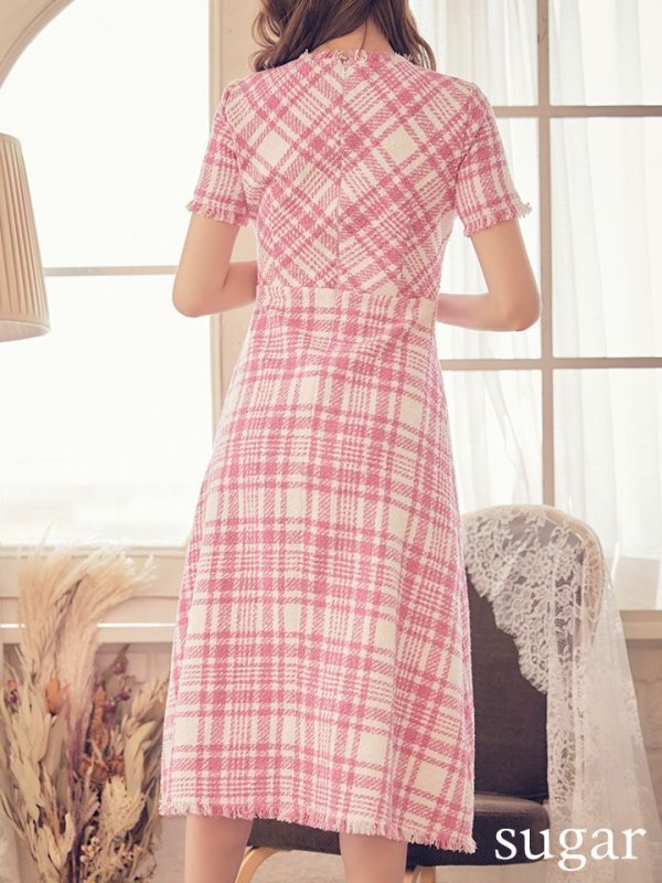 画像9: XS-Lサイズあり【SETTAN/セッタン】ツイード/ 半袖/ 袖あり/ フロントジップ/ ワンピース/ ミディアム/ミニドレス/ キャバドレス[OF2]