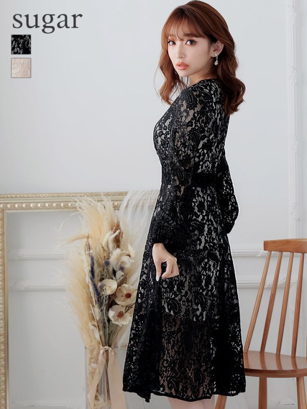画像1: XS-Lサイズあり【SETTAN/セッタン】総レース/ Vネック/ 長袖/ 袖あり/ Aライン/ ミディアム丈/ ワンピース/ キャバドレス[OF2]