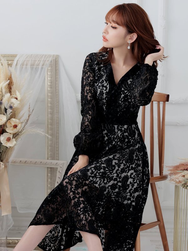画像5: XS-Lサイズあり【SETTAN/セッタン】総レース/ Vネック/ 長袖/ 袖あり/ Aライン/ ミディアム丈/ ワンピース/ キャバドレス[OF2]