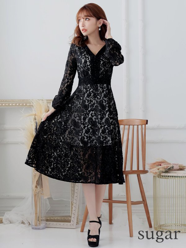 画像7: XS-Lサイズあり【SETTAN/セッタン】総レース/ Vネック/ 長袖/ 袖あり/ Aライン/ ミディアム丈/ ワンピース/ キャバドレス[OF2]