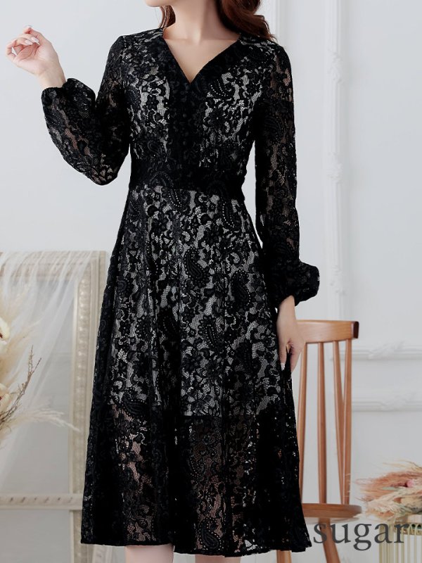 画像8: XS-Lサイズあり【SETTAN/セッタン】総レース/ Vネック/ 長袖/ 袖あり/ Aライン/ ミディアム丈/ ワンピース/ キャバドレス[OF2]