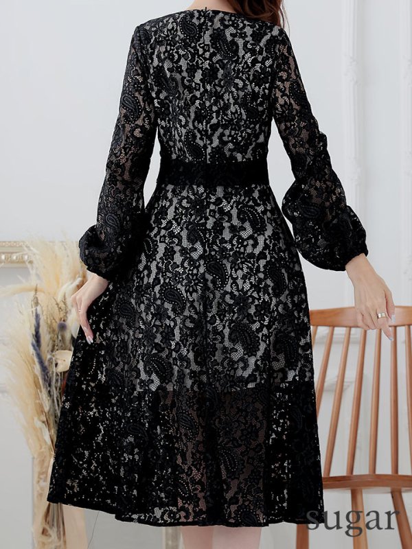 画像9: XS-Lサイズあり【SETTAN/セッタン】総レース/ Vネック/ 長袖/ 袖あり/ Aライン/ ミディアム丈/ ワンピース/ キャバドレス[OF2]