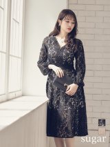 XS-Lサイズあり【SETTAN/セッタン】総レース/ Vネック/ 長袖/ 袖あり/ Aライン/ ミディアム丈/ ワンピース/ キャバドレス[OF2]