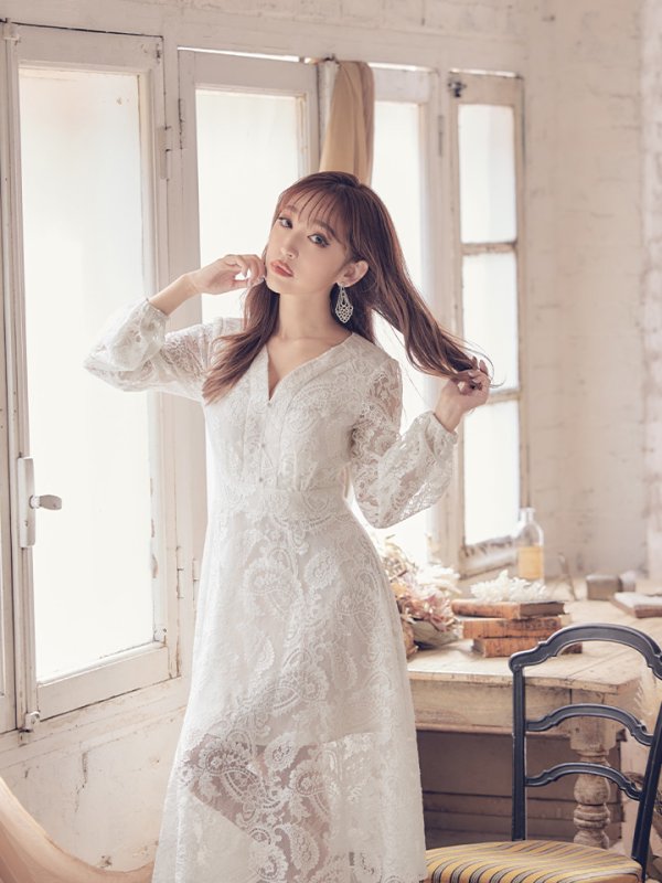 画像2: XS-Lサイズあり【SETTAN/セッタン】総レース/ Vネック/ 長袖/ 袖あり/ Aライン/ ミディアム丈/ ワンピース/ キャバドレス[OF2]