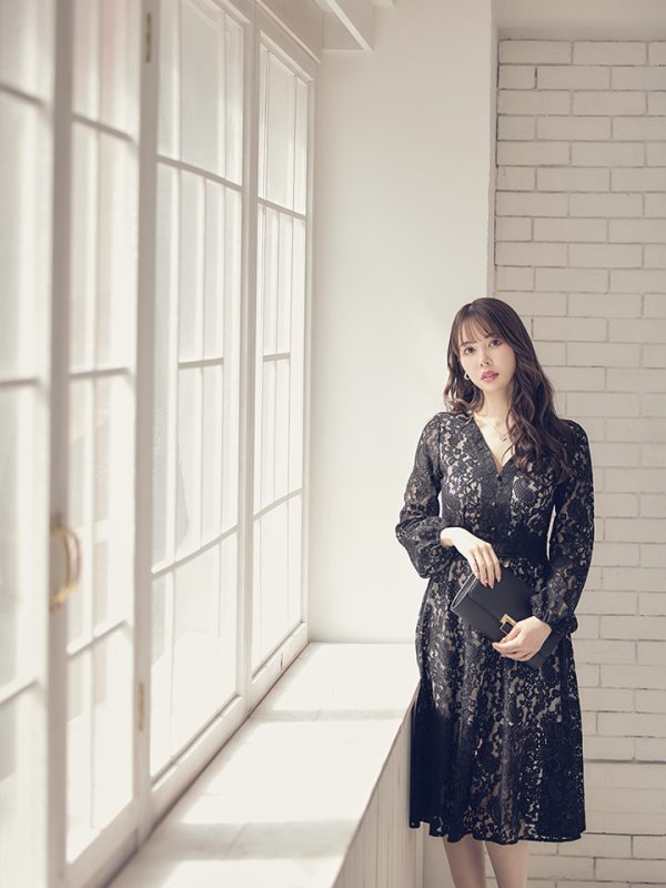 画像3: XS-Lサイズあり【SETTAN/セッタン】総レース/ Vネック/ 長袖/ 袖あり/ Aライン/ ミディアム丈/ ワンピース/ キャバドレス[OF2]