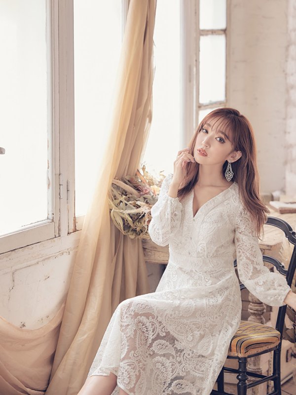 画像13: XS-Lサイズあり【SETTAN/セッタン】総レース/ Vネック/ 長袖/ 袖あり/ Aライン/ ミディアム丈/ ワンピース/ キャバドレス[OF2]