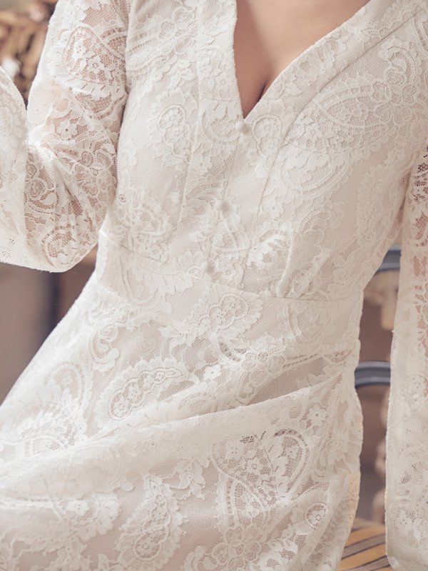 画像14: XS-Lサイズあり【SETTAN/セッタン】総レース/ Vネック/ 長袖/ 袖あり/ Aライン/ ミディアム丈/ ワンピース/ キャバドレス[OF2]