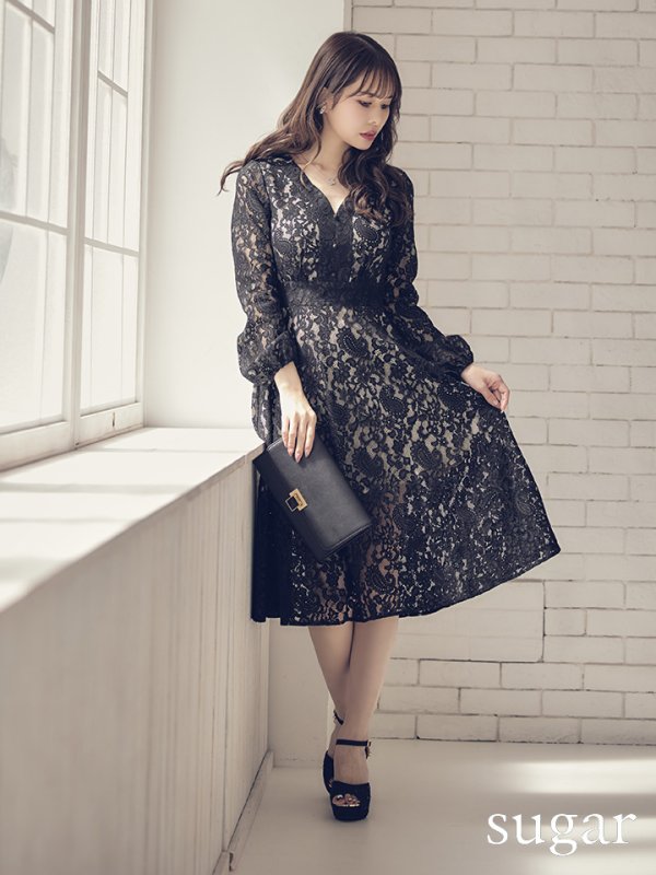 画像6: XS-Lサイズあり【SETTAN/セッタン】総レース/ Vネック/ 長袖/ 袖あり/ Aライン/ ミディアム丈/ ワンピース/ キャバドレス[OF2]