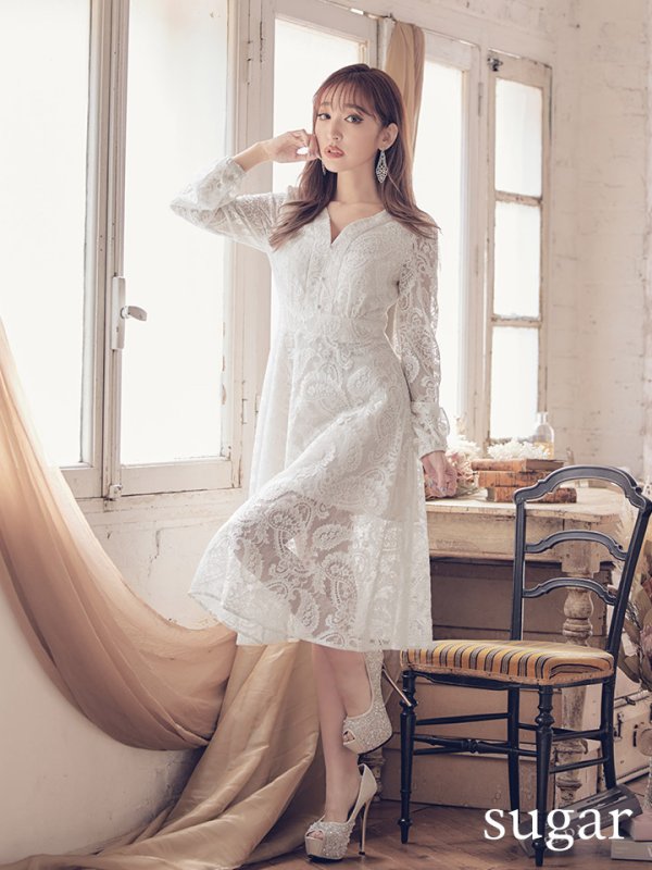 画像15: XS-Lサイズあり【SETTAN/セッタン】総レース/ Vネック/ 長袖/ 袖あり/ Aライン/ ミディアム丈/ ワンピース/ キャバドレス[OF2]