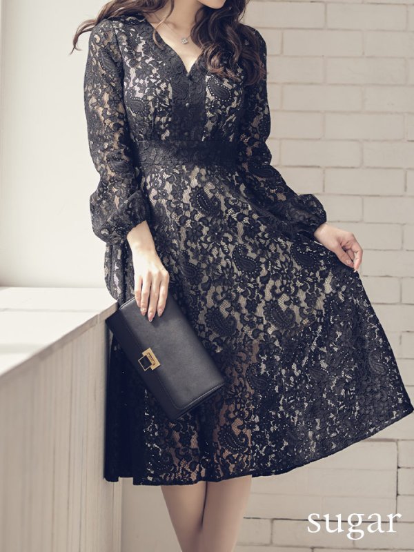 画像7: XS-Lサイズあり【SETTAN/セッタン】総レース/ Vネック/ 長袖/ 袖あり/ Aライン/ ミディアム丈/ ワンピース/ キャバドレス[OF2]