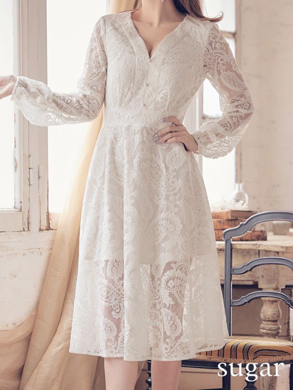 画像16: XS-Lサイズあり【SETTAN/セッタン】総レース/ Vネック/ 長袖/ 袖あり/ Aライン/ ミディアム丈/ ワンピース/ キャバドレス[OF2]