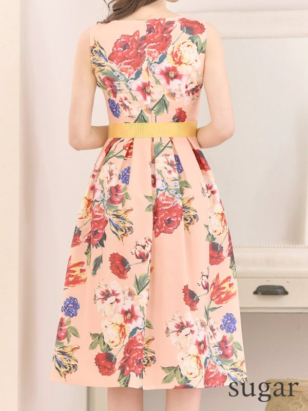 画像8: XS-Lサイズあり【SETTAN/セッタン】フラワープリント/ リボンベルト/ バストカットデザイン/ ノースリーブ/ Aライン/ フレア/ ミディアム丈/ ワンピース/ キャバドレス[OF2]