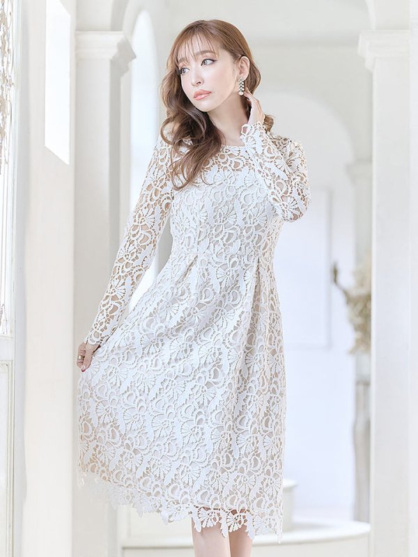 画像6: 【SETTAN/セッタン】総レース/ 長袖/ Aライン/ ひざ丈/ 袖あり/ ミディアム丈/ ワンピース/ ミニドレス/ キャバドレス[OF2]