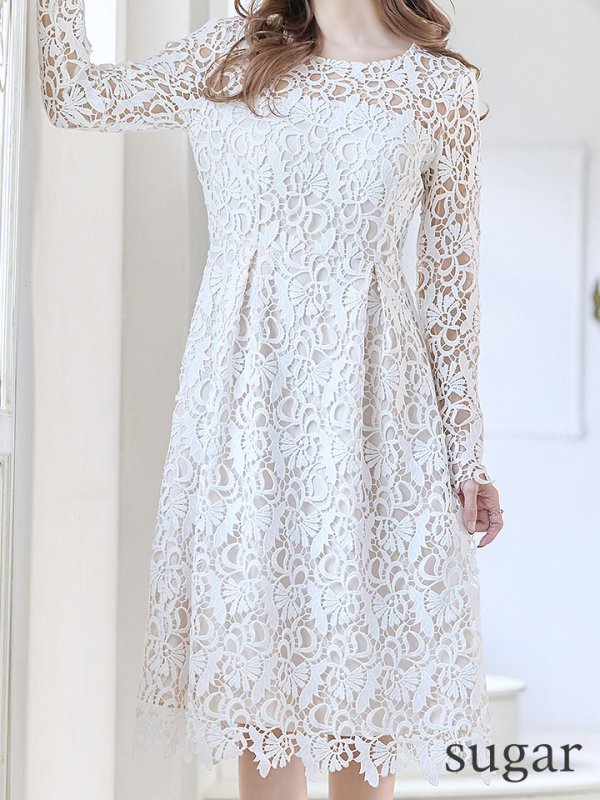 画像8: 【SETTAN/セッタン】総レース/ 長袖/ Aライン/ ひざ丈/ 袖あり/ ミディアム丈/ ワンピース/ ミニドレス/ キャバドレス[OF2]