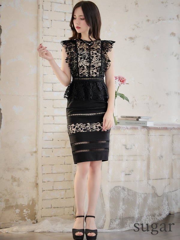 画像7: XS-Lサイズあり【SETTAN/セッタン】ペプラム/ フラワーレース/ ノースリーブ/ ミディアム丈/ タイト/ ワンピースドレス/ キャバドレス[OF2]