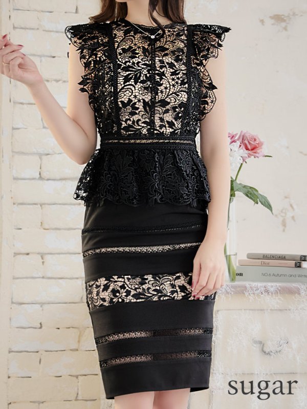 画像8: XS-Lサイズあり【SETTAN/セッタン】ペプラム/ フラワーレース/ ノースリーブ/ ミディアム丈/ タイト/ ワンピースドレス/ キャバドレス[OF2]