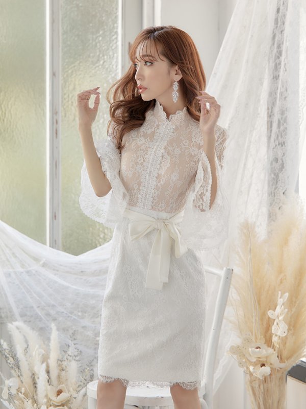 画像3: XS-Lサイズあり【SETTAN/セッタン】レース/ ウエストリボン/ 袖あり/ 長袖/ 膝丈/ミディアムタイト/ ワンピース/ タイト/ ミディアムドレス/ キャバドレス[OF2]