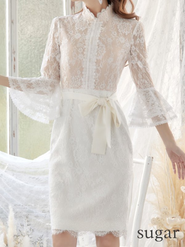 画像8: XS-Lサイズあり【SETTAN/セッタン】レース/ ウエストリボン/ 袖あり/ 長袖/ 膝丈/ミディアムタイト/ ワンピース/ タイト/ ミディアムドレス/ キャバドレス[OF2]