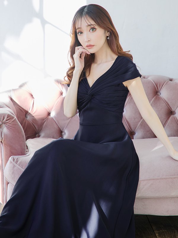 画像4: XS-Lサイズあり【SETTAN/セッタン】ワンカラー/ Vネック/ 袖あり/ 半袖/ Aライン/ ロング/ キャバドレス long[OF2]