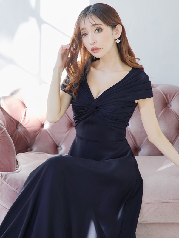 画像5: XS-Lサイズあり【SETTAN/セッタン】ワンカラー/ Vネック/ 袖あり/ 半袖/ Aライン/ ロング/ キャバドレス long[OF2]