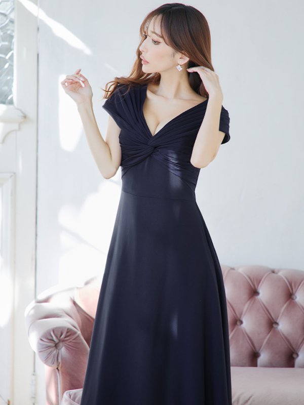 画像6: XS-Lサイズあり【SETTAN/セッタン】ワンカラー/ Vネック/ 袖あり/ 半袖/ Aライン/ ロング/ キャバドレス long[OF2]