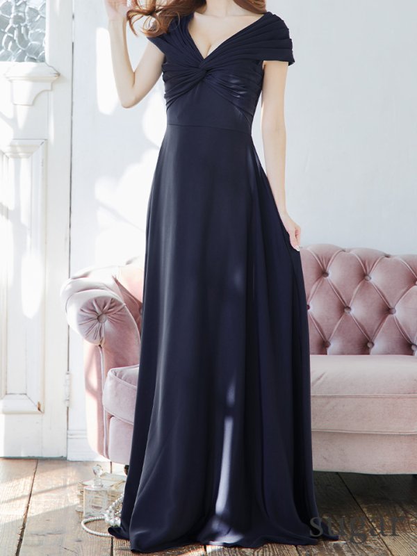 画像8: XS-Lサイズあり【SETTAN/セッタン】ワンカラー/ Vネック/ 袖あり/ 半袖/ Aライン/ ロング/ キャバドレス long[OF2]