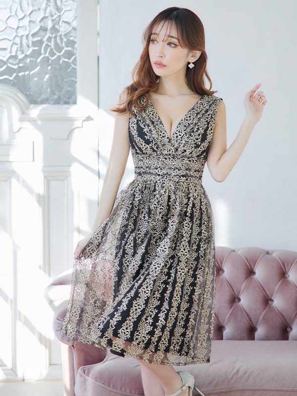 画像6: XS-Lサイズあり【SETTAN/セッタン】刺繍/ ノースリーブ/ Aライン/ フレア/ ミディアム丈/ ひざ丈/ ワンピース/ キャバドレス[OF2]