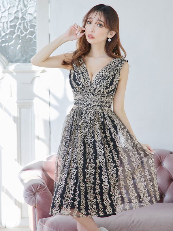 画像7: XS-Lサイズあり【SETTAN/セッタン】刺繍/ ノースリーブ/ Aライン/ フレア/ ミディアム丈/ ひざ丈/ ワンピース/ キャバドレス[OF2]