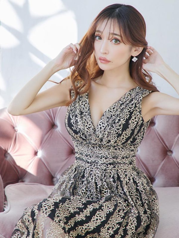 画像9: XS-Lサイズあり【SETTAN/セッタン】刺繍/ ノースリーブ/ Aライン/ フレア/ ミディアム丈/ ひざ丈/ ワンピース/ キャバドレス[OF2]