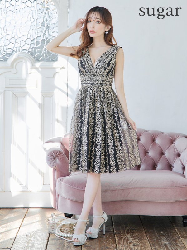 画像10: XS-Lサイズあり【SETTAN/セッタン】刺繍/ ノースリーブ/ Aライン/ フレア/ ミディアム丈/ ひざ丈/ ワンピース/ キャバドレス[OF2]