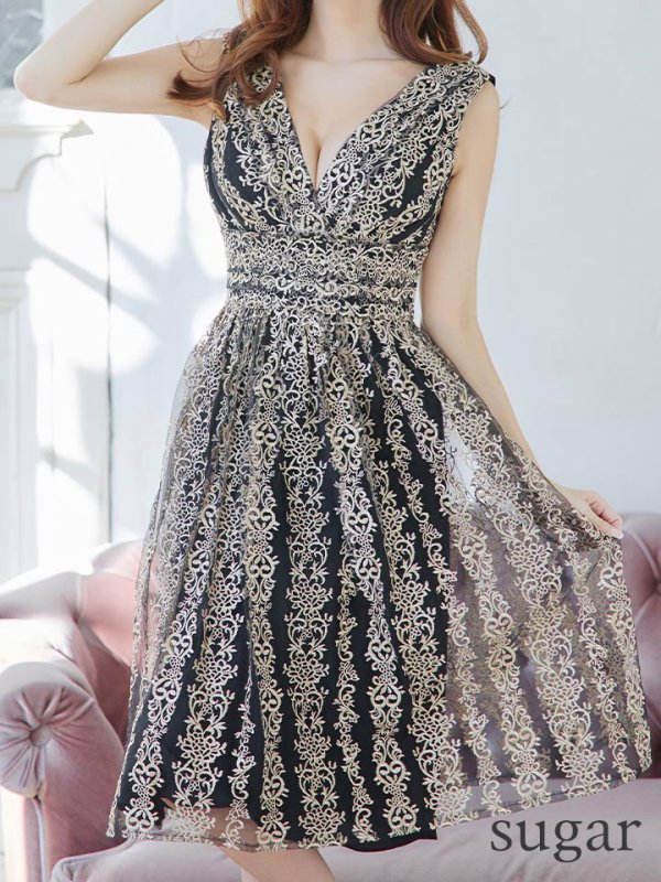 画像11: XS-Lサイズあり【SETTAN/セッタン】刺繍/ ノースリーブ/ Aライン/ フレア/ ミディアム丈/ ひざ丈/ ワンピース/ キャバドレス[OF2]