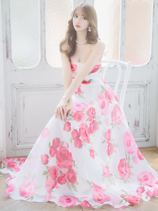 画像17: XS-Lサイズあり【SETTAN/セッタン】ベア/ フラワープリント/ タック/ Aライン/ ロングドレス/ キャバドレス long[OF2]