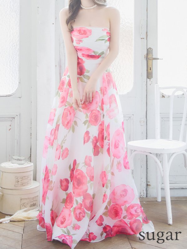 画像19: XS-Lサイズあり【SETTAN/セッタン】ベア/ フラワープリント/ タック/ Aライン/ ロングドレス/ キャバドレス long[OF2]