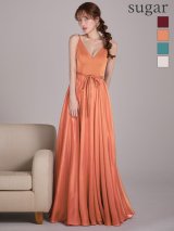 XS-Lサイズあり【SETTAN/セッタン】キャミソール/ Vネック/ シフォン/ ウエストリボン/ / フレア/ ワンピース/ ロングドレス / キャバドレス long[OF2]