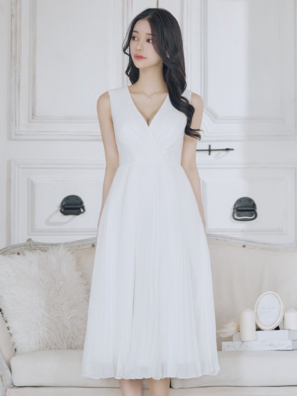 画像6: XS-Lサイズあり【SETTAN/セッタン】カシュクールデザイン/ Vネック/ ノースリーブ/ 膝丈/ プリーツ/ Aライン/ フレア/ ワンピース/ ミディアムドレス/ キャバドレス[OF2]