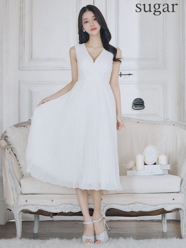 画像8: XS-Lサイズあり【SETTAN/セッタン】カシュクールデザイン/ Vネック/ ノースリーブ/ 膝丈/ プリーツ/ Aライン/ フレア/ ワンピース/ ミディアムドレス/ キャバドレス[OF2]