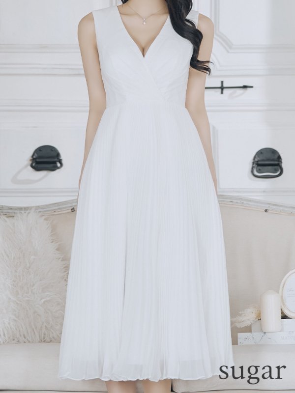 画像9: XS-Lサイズあり【SETTAN/セッタン】カシュクールデザイン/ Vネック/ ノースリーブ/ 膝丈/ プリーツ/ Aライン/ フレア/ ワンピース/ ミディアムドレス/ キャバドレス[OF2]