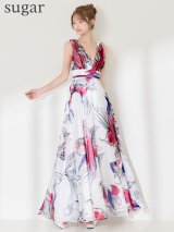 XS-Lサイズあり【SETTAN/セッタン】シフォン/ フラワープリント/ ノースリーブ/ 花柄/ Vネック/ フレア/ Aライン/ ロングドレス/ キャバドレス long[OF2]